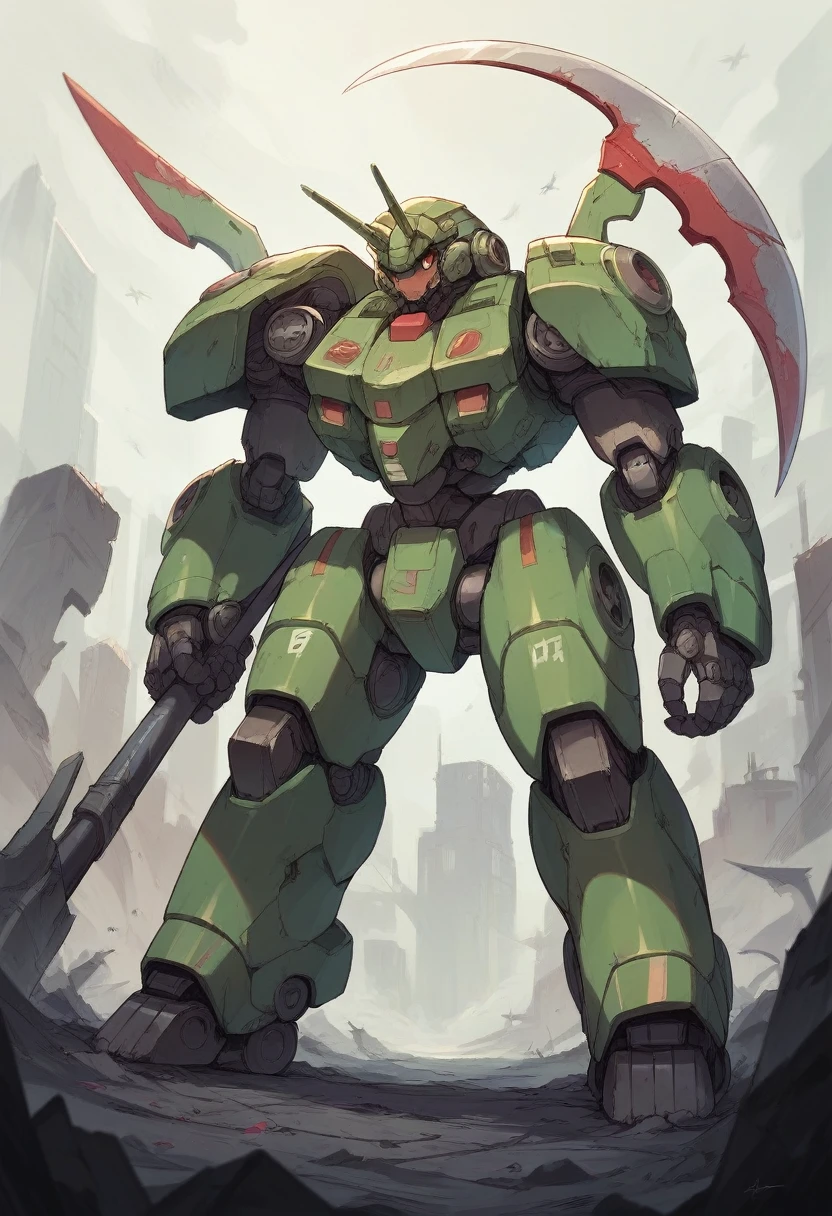 Mecha in an apocalyptic city with a scythe