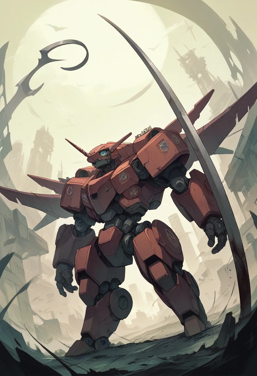 Mecha in an apocalyptic city with a scythe