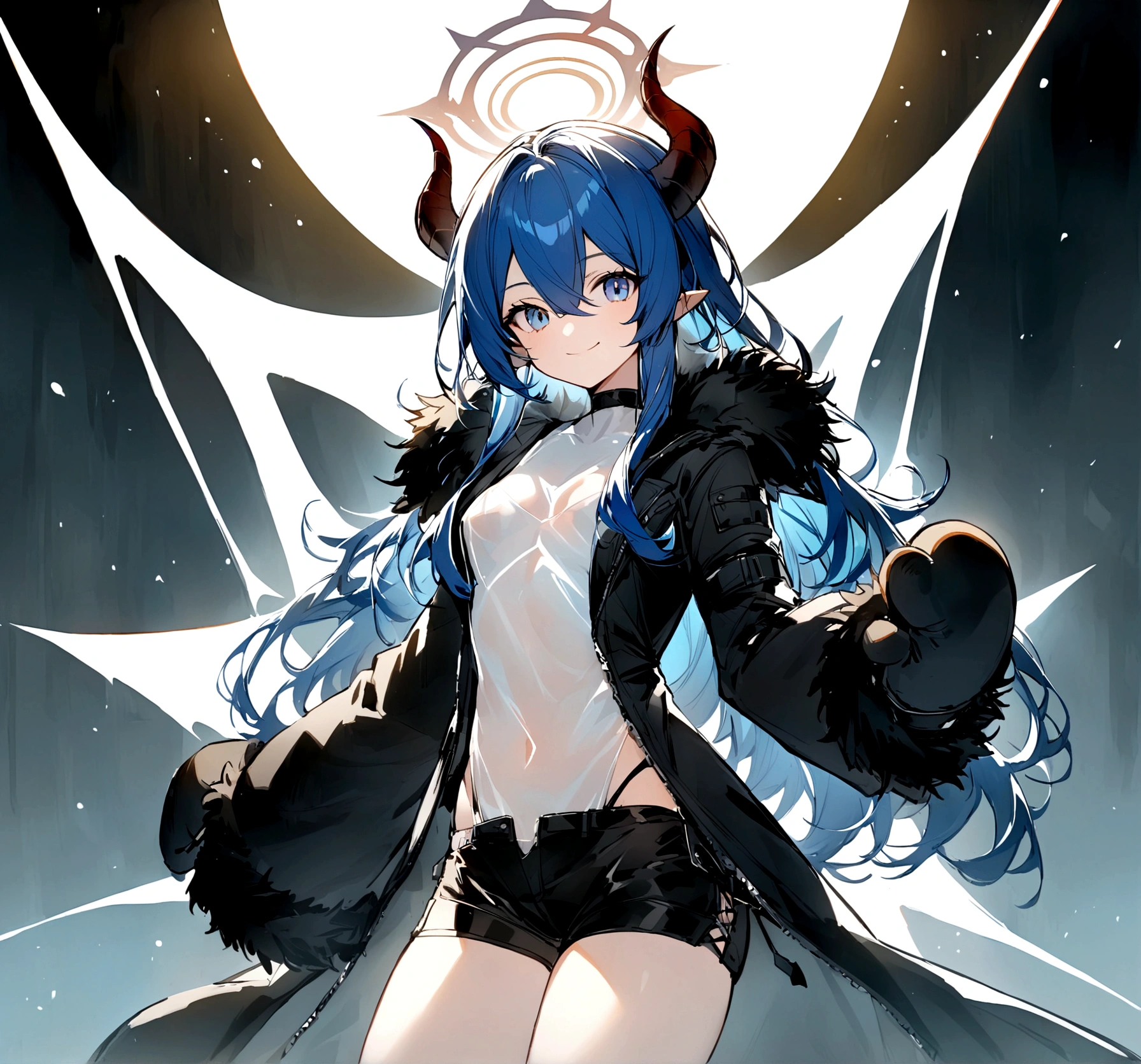 black_Jacket,fur trimmings_Jacket,mitts, black_short glove,White_Long,fur_Trim,Bare_Legs,mitts,Shorts,black_Shorts,short_Shorts,shirt, White_shirt,Thighs,black_Footwear,Long_Sleeves,Blue_Hair, Long_Hair, Horns, Blue_Eyes, Halo, demon_Horns, bangs, Smile, The upper part of the body_Body, Closed_Mouth, Wings, Hair_between_Eyes