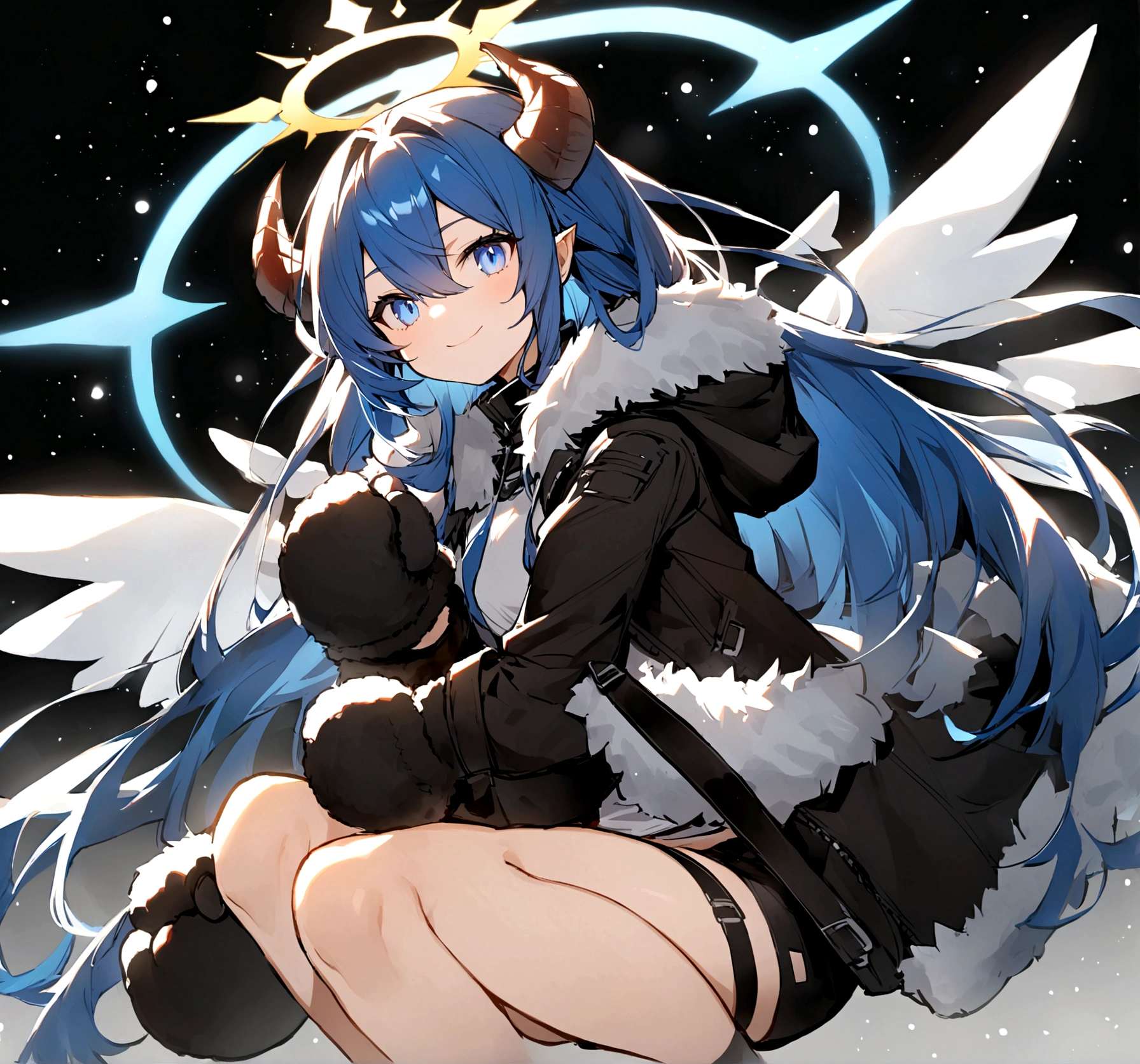 black_Jacket,fur trimmings_Jacket,mitts, black_short glove,White_Long,fur_Trim,Bare_Legs,mitts,Shorts,black_Shorts,short_Shorts,shirt, White_shirt,Thighs,black_Footwear,Long_Sleeves,Blue_Hair, Long_Hair, Horns, Blue_Eyes, Halo, demon_Horns, bangs, Smile, The upper part of the body_Body, Closed_Mouth, Wings, Hair_between_Eyes