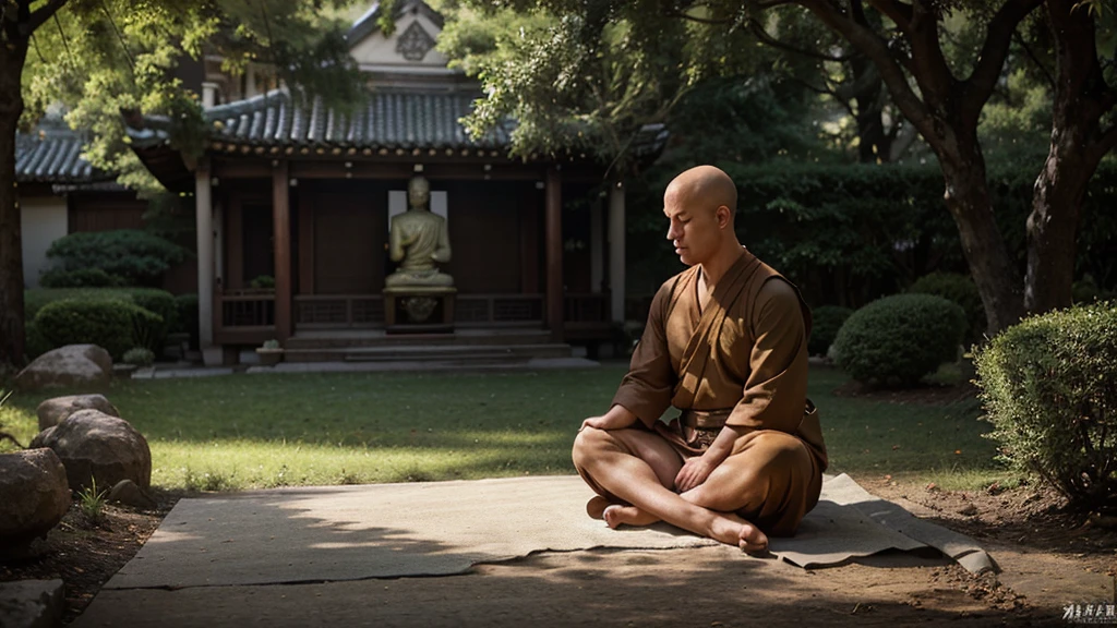 A detailed picture of a monk sitting meditation, could be sitting under a big tree, full body, eyes closed. his head shaved bald. Buddhism style. The monk clothing drapes elegantly but do not expose the body , and the dark yellow, could be in nature, background contrasts sharply with the monk, making it the focal point. The overall ambiance of the image is peacefully, emphasized by the play of light and shadow. Wide shot. front view. Realistic, Hyper detailed. traditional chinese ink painting, modelshoot style, peacefuln song, willow tree in background, wuchangshuo,