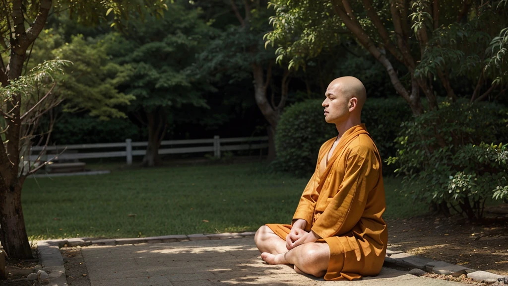 A detailed picture of a monk sitting meditation, could be sitting under a big tree, full body, eyes closed. his head shaved bald. Buddhism style. The monk clothing drapes elegantly but do not expose the body , and the dark yellow, could be in nature, background contrasts sharply with the monk, making it the focal point. The overall ambiance of the image is peacefully, emphasized by the play of light and shadow. Wide shot. front view. Realistic, Hyper detailed. traditional chinese ink painting, modelshoot style, peacefuln song, willow tree in background, wuchangshuo,