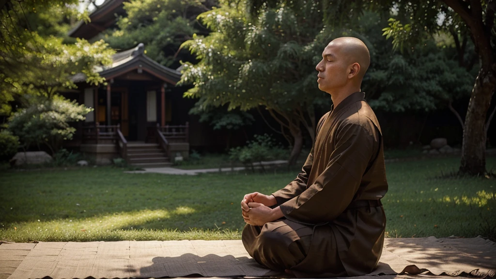 A detailed picture of a monk sitting meditation, could be sitting under a big tree, full body, eyes closed. his head shaved bald. Buddhism style. The monk clothing drapes elegantly but do not expose the body , and the dark yellow, could be in nature, background contrasts sharply with the monk, making it the focal point. The overall ambiance of the image is peacefully, emphasized by the play of light and shadow. Wide shot. front view. Realistic, Hyper detailed. traditional chinese ink painting, modelshoot style, peacefuln song, willow tree in background, wuchangshuo,