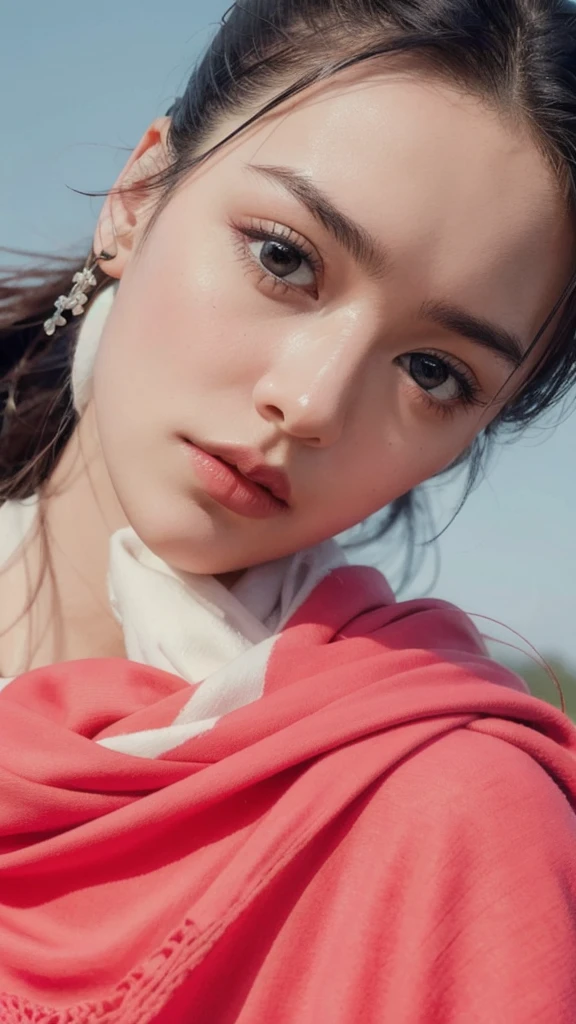 8k, best quality, masterpiece, realistic, ultra detail, photo realistic, Increase quality,
a photo of a girl standing in a field with a scarf, in the style of dark and brooding designer, voluminous mass, photobash, serene faces, jagged edges, navy, natural beauty, close-up shot