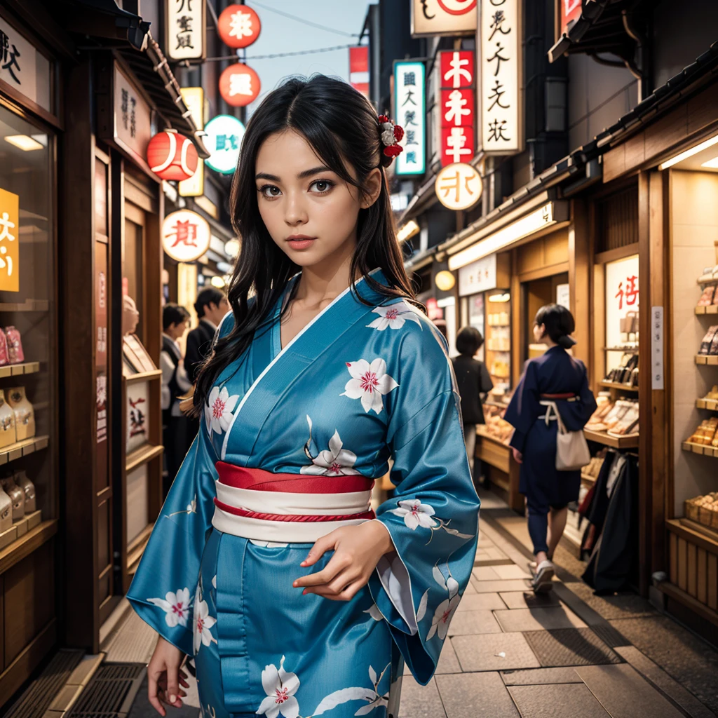 a beautiful young woman in a traditional japanese yukata walking down a street in tokyo, japan with japanese signs and shop fronts, highly detailed, 4k, photorealistic, warm lighting, vibrant colors, beautiful detailed eyes, beautiful detailed lips, extremely detailed face, long eyelashes, cinematic, masterpiece, 4k, ultra realistic, front of the camera, random pose and cloth