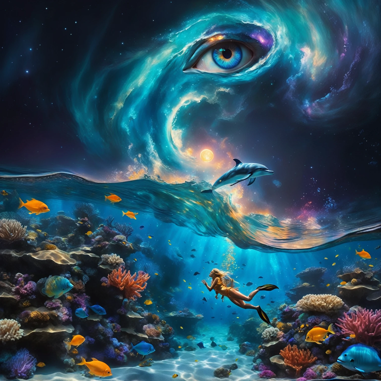 Create an endless ocean at night. Foreground: A huge luminescent barrier reef with glowing fishes and jellyfishes. floating bioluminescent orbs that drift lazily through the water, casting a soft glow. A blonde snorkeling just below the surface, wearing a whimsical outfit. The bodice has fish scale patterns in layers, creating depth with a smooth, slightly metallic surface that reflects light in iridescent hues of orange and gold. Add subtle, translucent silhouettes of mythical sea creatures in the background, barely visible but adding to the mystical feel. Midground: A dolphin jumping out of a wave, illuminated by moonlight filtering through the water. Background: A sky dominated by a massive cosmic eye, surrounded by swirling galactic patterns and luminous stars. Spiraling waves that seamlessly blend into the cosmic sky. a gentle, otherworldly melody that seems to resonate from the cosmic eye, creating an auditory illusion in the viewer's mind. Dominant tones of blue, turquoise, and violet. Accents of yellow and orange from the tropical fish. Composition: The scene should guide the viewer’s gaze from the detailed coral reefs and marine life in the foreground, to the dolphin in the midground, and finally to the cosmic eye and swirling waves in the background. Use lines and patterns to naturally direct the viewer’s attention upwards. Envelop the entire scene in a soft, shimmering haze that adds to the ethereal quality. Atmosphere: Evoke a mystical and dreamlike atmosphere, blurring the boundaries between reality and imagination. Create a sense of depth and dimension with sharp details in the foreground and midground, and a slightly softer focus on the cosmic elements in the background. A peaceful atmosphere, absolutely astonishing and beautiful landscape with very saturated colors, glowing. Four-dimensional, 128K, HDR, the best quality, photoréaliste, photo-réaliste, éclairage cinématographique, surréaliste, fantastique, art numérique, concept art