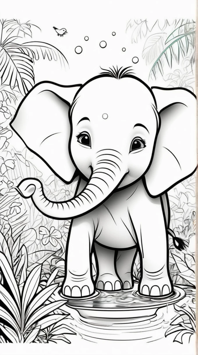 Line drawing, (Pixar style:1.8), (coloring page:1.6) Cute baby elephant splashing joyfully in a crystal-clear watering hole surrounded by lush green jungle foliage and colorful tropical birds., ColoringBookAF , (blank white background:1.4)  