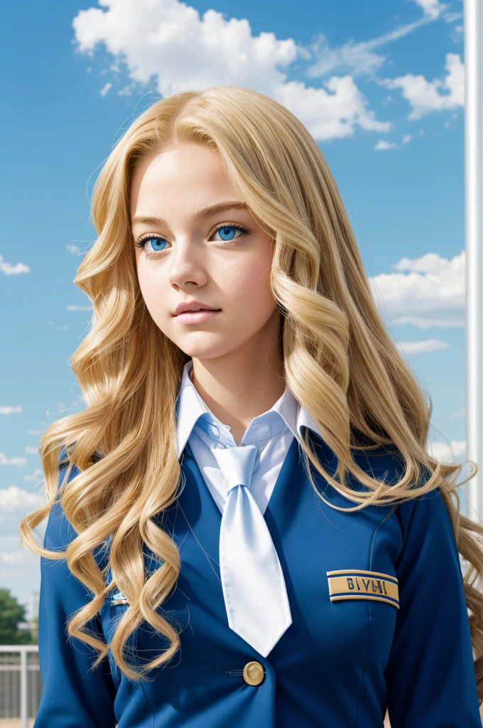 A teenage girl with blond long curly hair, blue eyes and a high school U.A uniform. MHA manga panel color