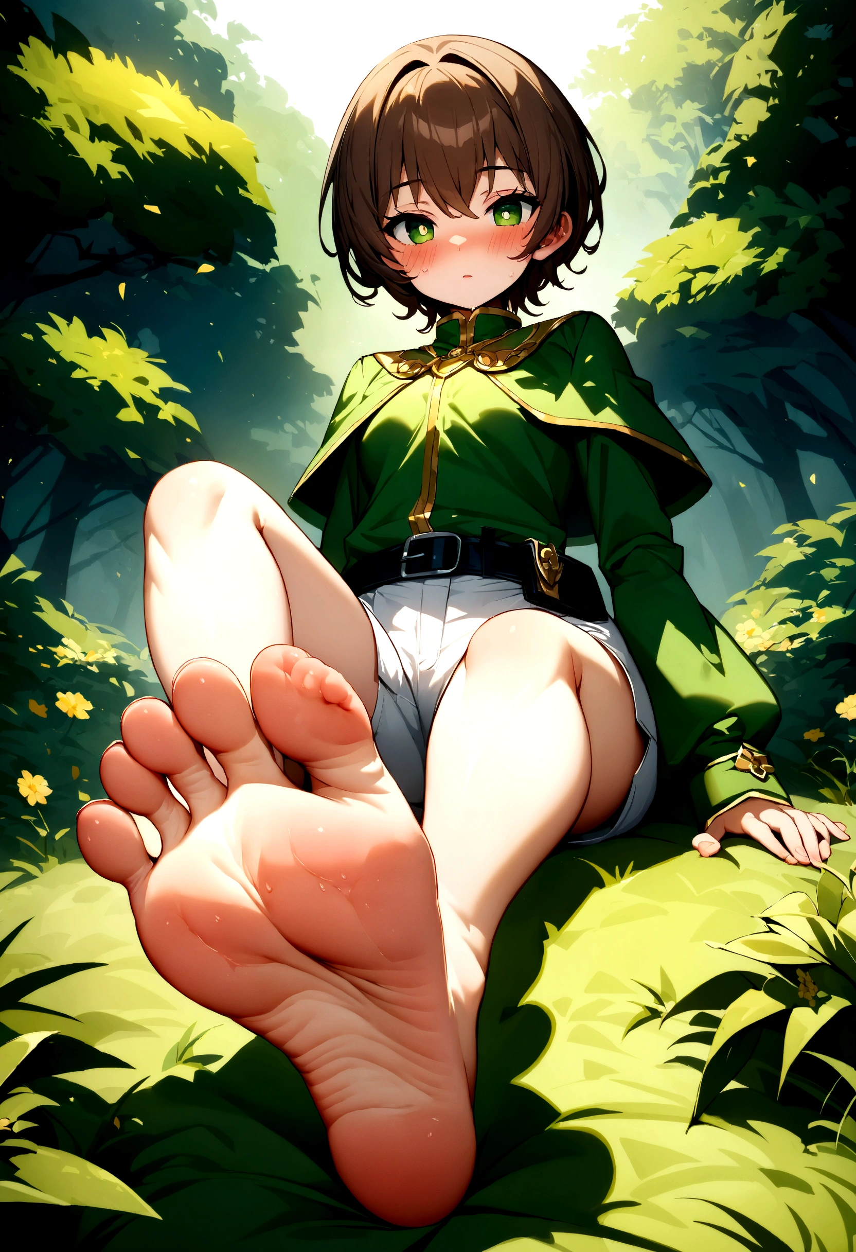 (masutepiece:1.1), (high resolusion:1.2), (Illustration:1.05), (ultra detailed 8k art:1.05), (finely detailed beautiful eye), Perfect face, Bright pupils, Lustrous skin, hayami_Sena ,Green eyes, , Black_Belt bag, Green_Capelet, Green_Jacket, white_Shorts,, Long sleeves, fullllbody, blushed, Looking at Viewer, sole, Barefoot soles、poneyTail、Smelly、5 toes、Sole Focus、Open your toes、Bare legged、bare-legged、Brown hair、Sena Hayami、Stuffy feet、hdr very sexual feet
