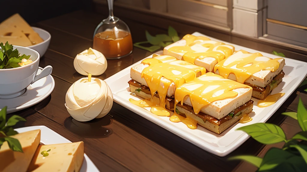 a  eats a bun with melted cheese and herbs 