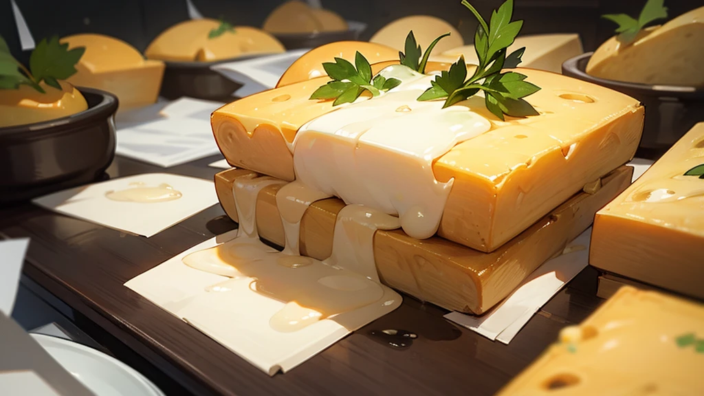 a eats a bun with melted cheese and herbs