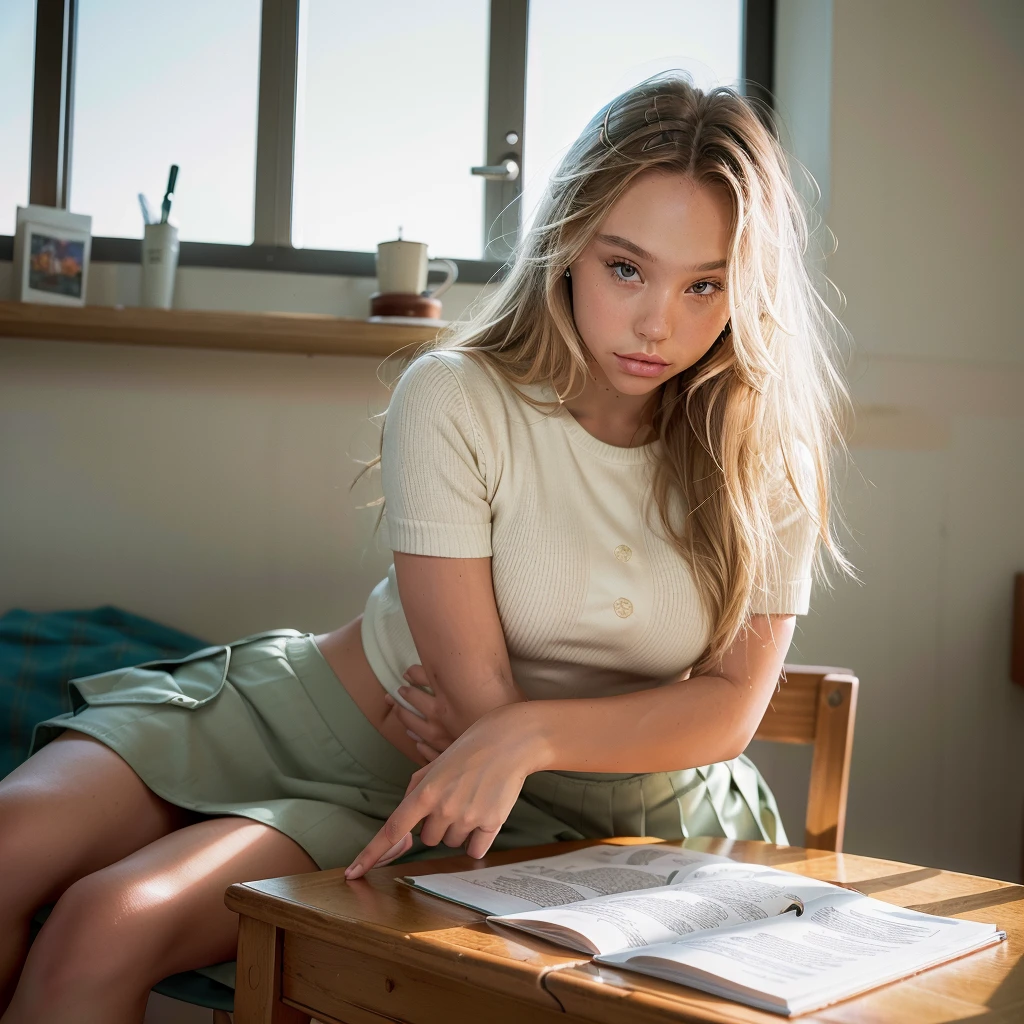 Realistic photo of a beautiful 18 year old (((ALEXIS-REN))), (best quality,ultra-detailed,realistic:1.2),beautiful detailed eyes,beautiful detailed lips, blonde hair, student, classroom, learning,  sitting at desk, books, teacher, pencil, school girl skirt outfit