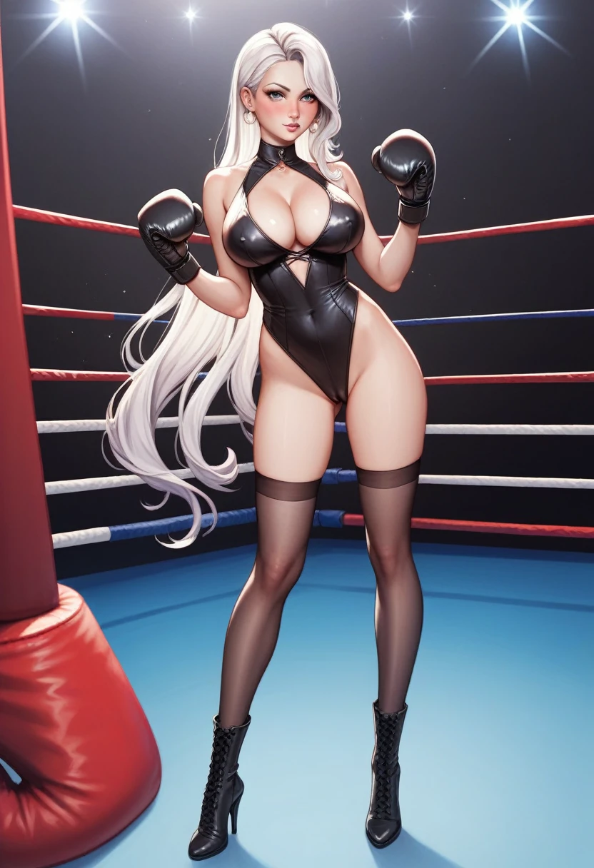 A slim beautiful girl,Good shape,Pretty Face,detailed picture, blush,White long hair,Wearing black gauze dress,Wearing black suspender stockings,high-heel boots,Wearing black boxing gloves,Standing alone in the boxing ring,Large Breasts,Cleavage,Thin legs,nipple,Camel toe