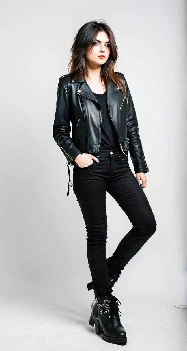 Rocker girl standing straight , with black pants and a long-sleeved leather jacket. on a white background 