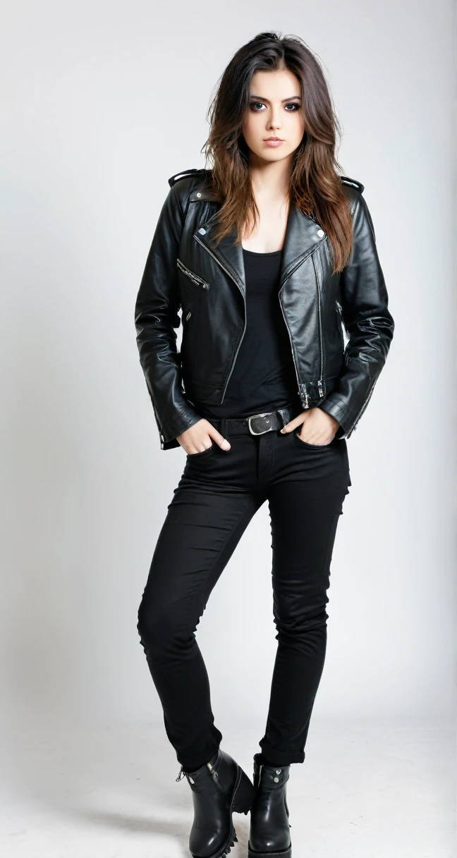 Rocker girl standing straight , with black pants and a long-sleeved leather jacket. on a white background