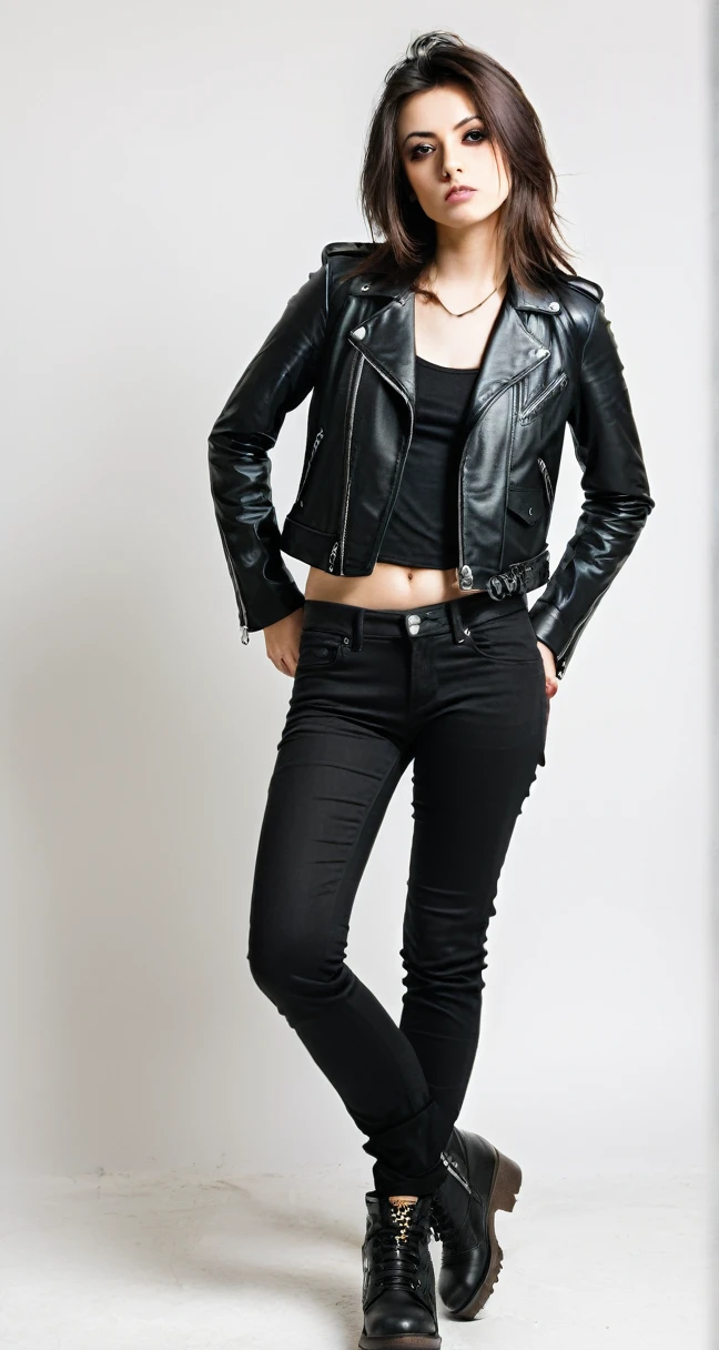 Rocker girl standing straight , with black pants and a long-sleeved leather jacket. on a white background 