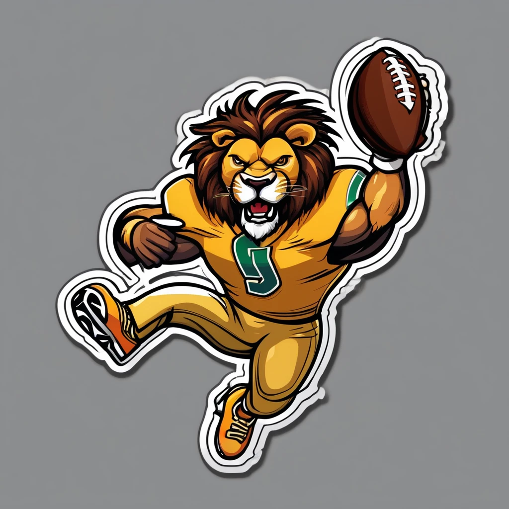Lion football player sticker character angry and jumping with ball