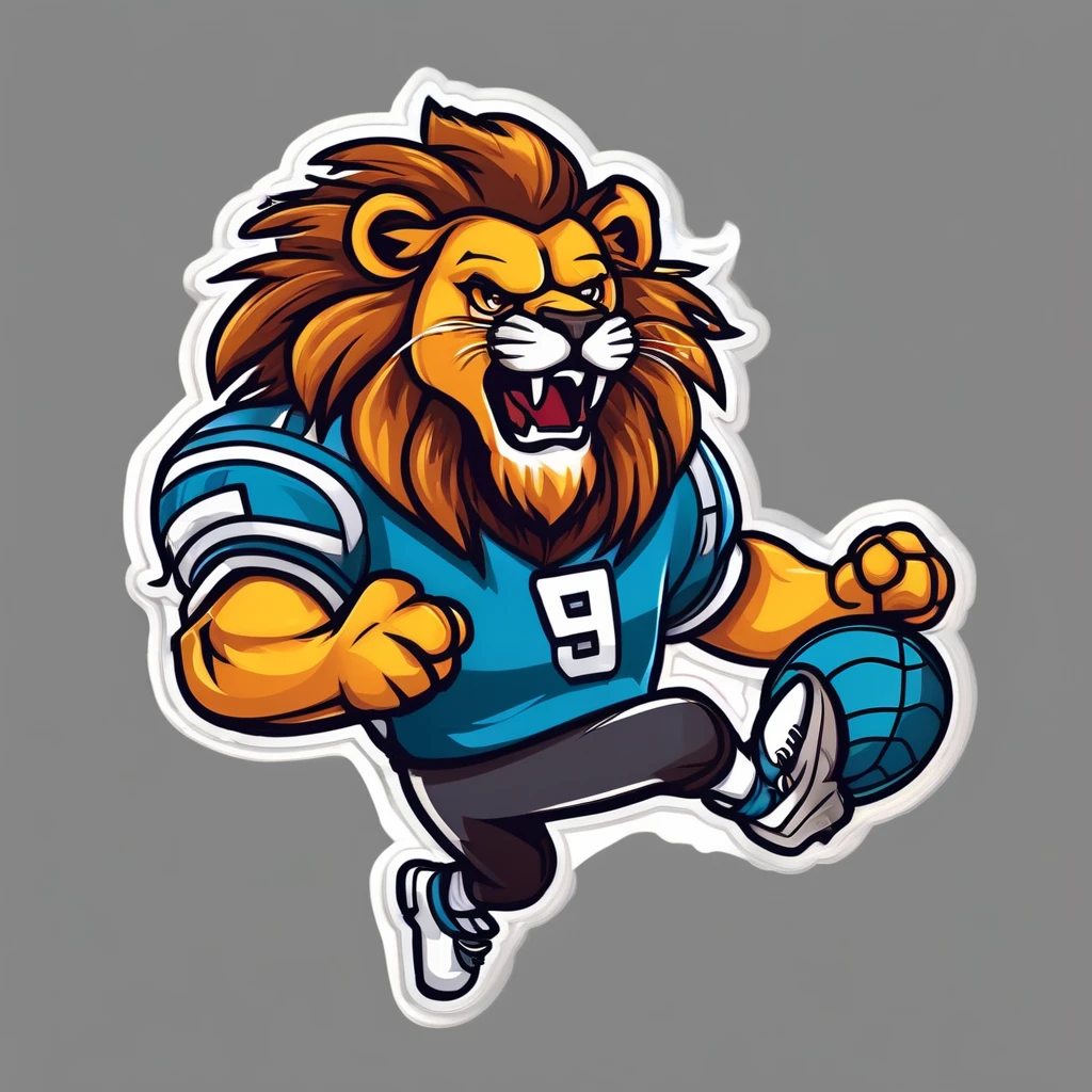 Lion football player sticker character angry and jumping with ball