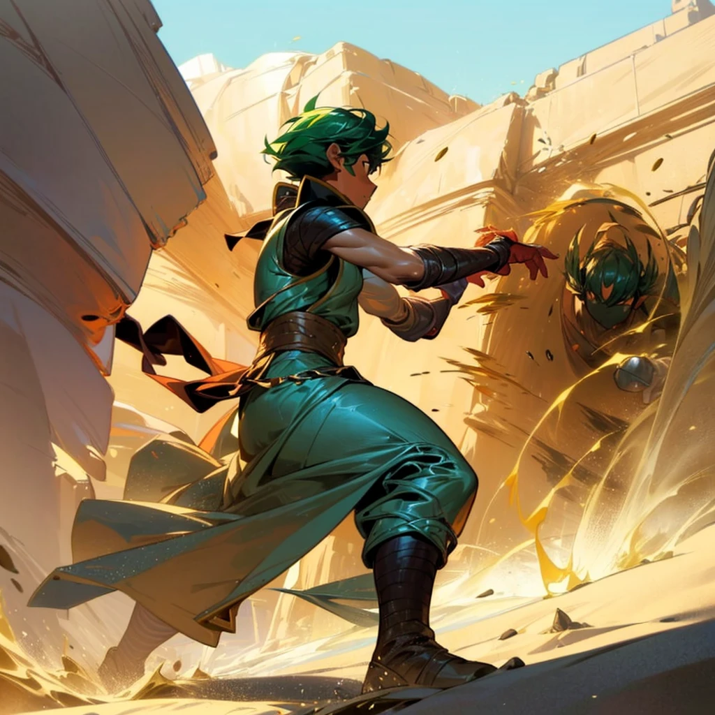 1boy, Full body version, 1character, (sand wanderer), brown eyes color, dark skin, Curly cut hairstyle, small eyes type, green colour hair, doctor ancient roman clothing style, white color clothing, dark green robe, Ancient roman boots, armor vest, sands in two hand, Grassroots background in desert, (battle, battle gesture, battle poses, view character on small, He a sand wanderer, he controls sand with his hands, he fights enemies with sand, enemies, bandits, Fighting, intense battles, fighting in desert, Dynamic Pose, Motion Blur, emphasis lines, sparks, plasma, aura)