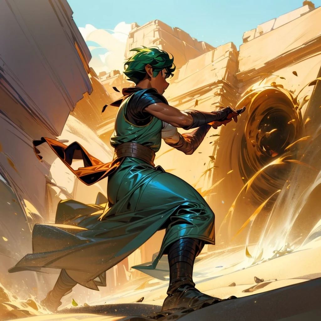 1boy, Full body version, 1character, (sand wanderer), brown eyes color, dark skin, Curly cut hairstyle, small eyes type, green colour hair, doctor ancient roman clothing style, white color clothing, dark green robe, Ancient roman boots, armor vest, sands in two hand, Grassroots background in desert, (battle, battle gesture, battle poses, view character on small, He a sand wanderer, he controls sand with his hands, he fights enemies with sand, enemies, bandits, Fighting, intense battles, fighting in desert, Dynamic Pose, Motion Blur, emphasis lines, sparks, plasma, aura)