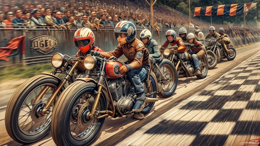 1940's era motorcycle racing, leather motorcycle helmets, checkered flag, dirt track, early harley davidson motorcycles, bobber motorcycles, detailed motorcycle, detailed faces, detailed riders,