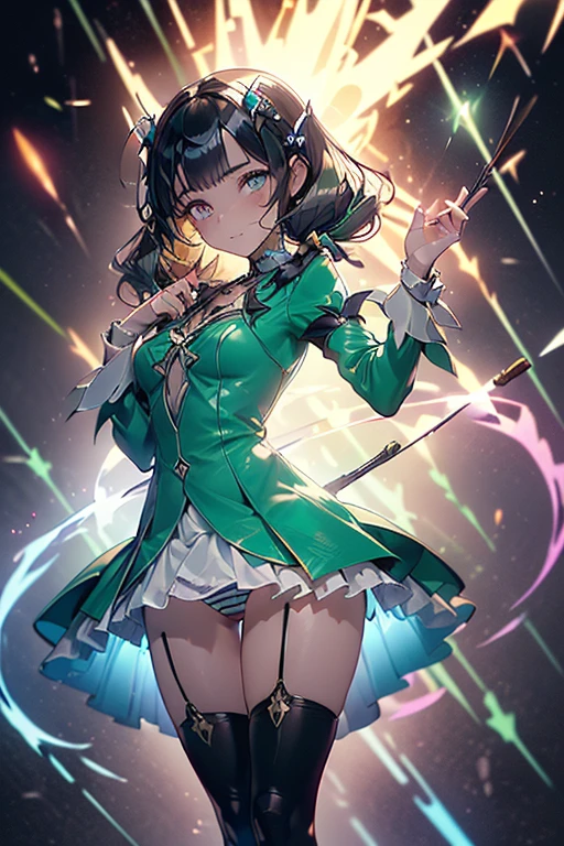 (dynamic angle:1.3, front view:1.1, breast focus:1.3, from below:1.3), (((Masterpiece))),(((Super Detail))),(((in 8K))),(((best composition))),(((Rim lighting,Fireglow effect,deep shadow))),solo),Beautiful fingers,Detailed finger features,(Detailed hair features:1.7),(Dynamic and sexy bending pose:1.3),detailed facial features,detailed clothes features, (perky chest:1.1), (pointed chest:1.3), delicate beautiful face, Bright blue eyes, cute eyes, sparkling eyes, Big eyes, beautiful detailed eyes,(masterpiece), (best quality), detailed, 1 girl, soro, twintails, long wavy hair twintails.hairs between eyes,dark green eyes ,dark green hair, (magical girl:1.2), bow, dress, (pink:0.6), over legwear, boots, too many frills, too many bow, standing,striped panties.magical stick, mechanical stick, magic cercle, flying,