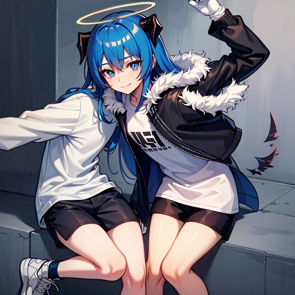 Acter,black_Jacket,fur trimmings_Jacket,mitts, black_short glove,White_Long,fur_Trim,Bare_Legs,mitts,Shorts,black_Shorts,short_Shorts,shirt, White_shirt,Thighs,black_Footwear,Long_Sleeves,Blue_Hair, Long_Hair, Horns, Blue_Eyes, Halo, demon_Horns, bangs, Smile, The upper part of the body_Body, Closed_Mouth, Wings, Hair_between_Eyes