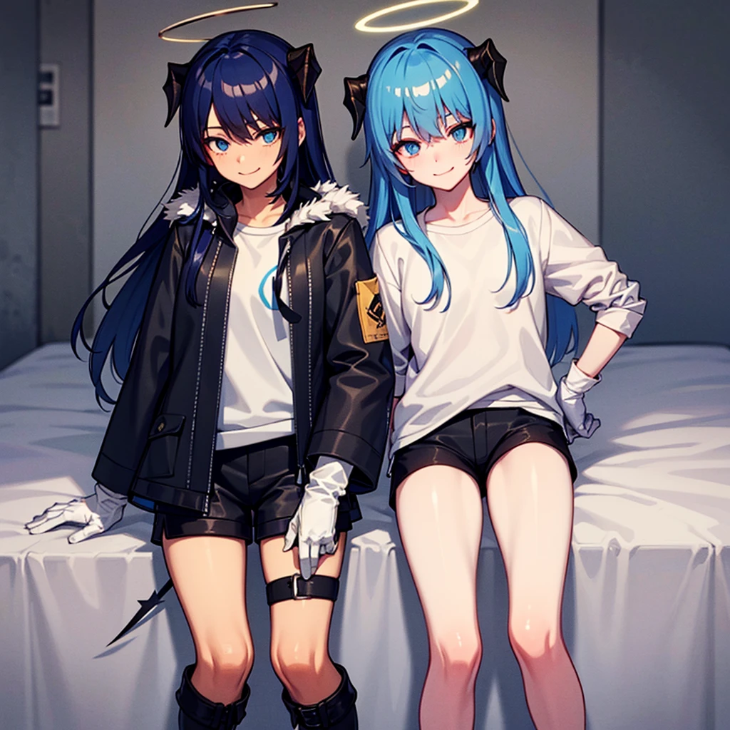 Acter,black_Jacket,fur trimmings_Jacket,mitts, black_short glove,White_Long,fur_Trim,Bare_Legs,mitts,Shorts,black_Shorts,short_Shorts,shirt, White_shirt,Thighs,black_Footwear,Long_Sleeves,Blue_Hair, Long_Hair, Horns, Blue_Eyes, Halo, demon_Horns, bangs, Smile, The upper part of the body_Body, Closed_Mouth, Wings, Hair_between_Eyes