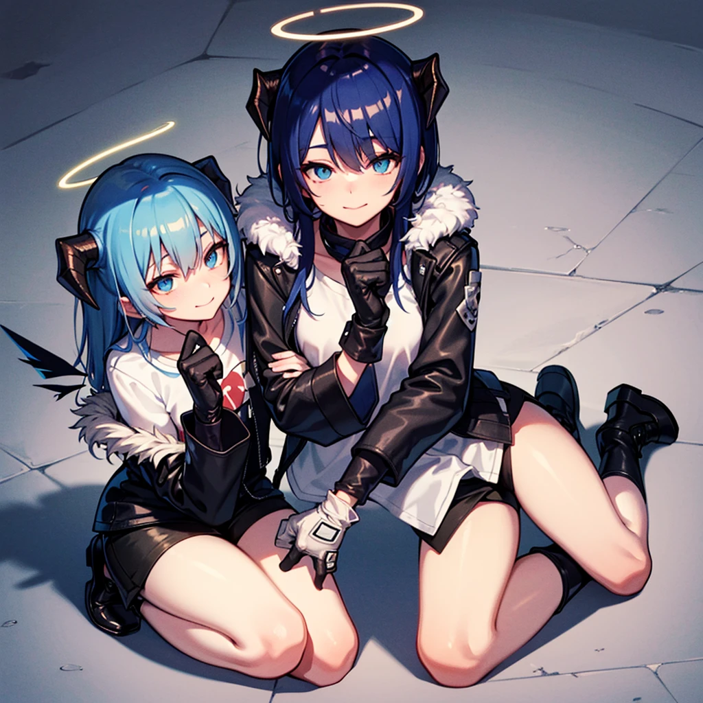 Acter,black_Jacket,fur trimmings_Jacket,mitts, black_short glove,White_Long,fur_Trim,Bare_Legs,mitts,Shorts,black_Shorts,short_Shorts,shirt, White_shirt,Thighs,black_Footwear,Long_Sleeves,Blue_Hair, Long_Hair, Horns, Blue_Eyes, Halo, demon_Horns, bangs, Smile, The upper part of the body_Body, Closed_Mouth, Wings, Hair_between_Eyes