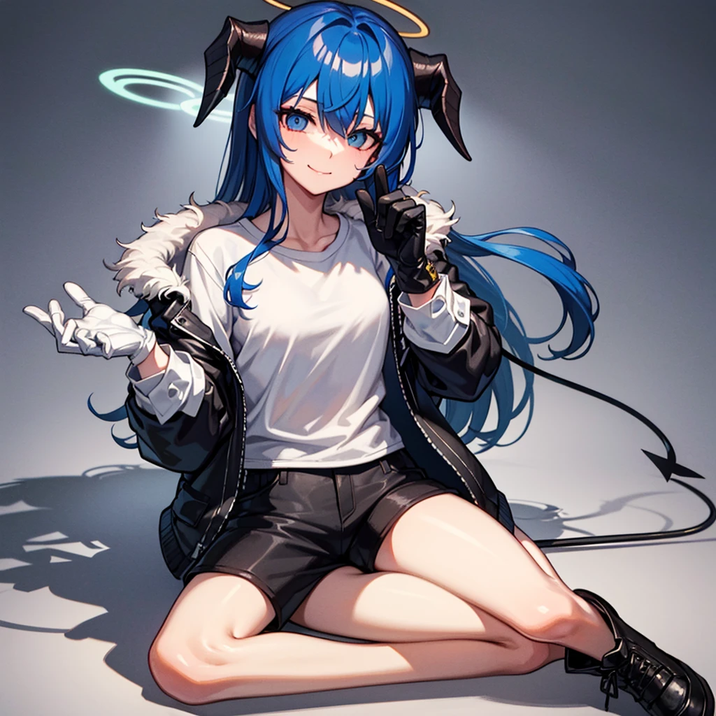 Acter,black_Jacket,fur trimmings_Jacket,mitts, black_short glove,White_Long,fur_Trim,Bare_Legs,mitts,Shorts,black_Shorts,short_Shorts,shirt, White_shirt,Thighs,black_Footwear,Long_Sleeves,Blue_Hair, Long_Hair, Horns, Blue_Eyes, Halo, demon_Horns, bangs, Smile, The upper part of the body_Body, Closed_Mouth, Wings, Hair_between_Eyes