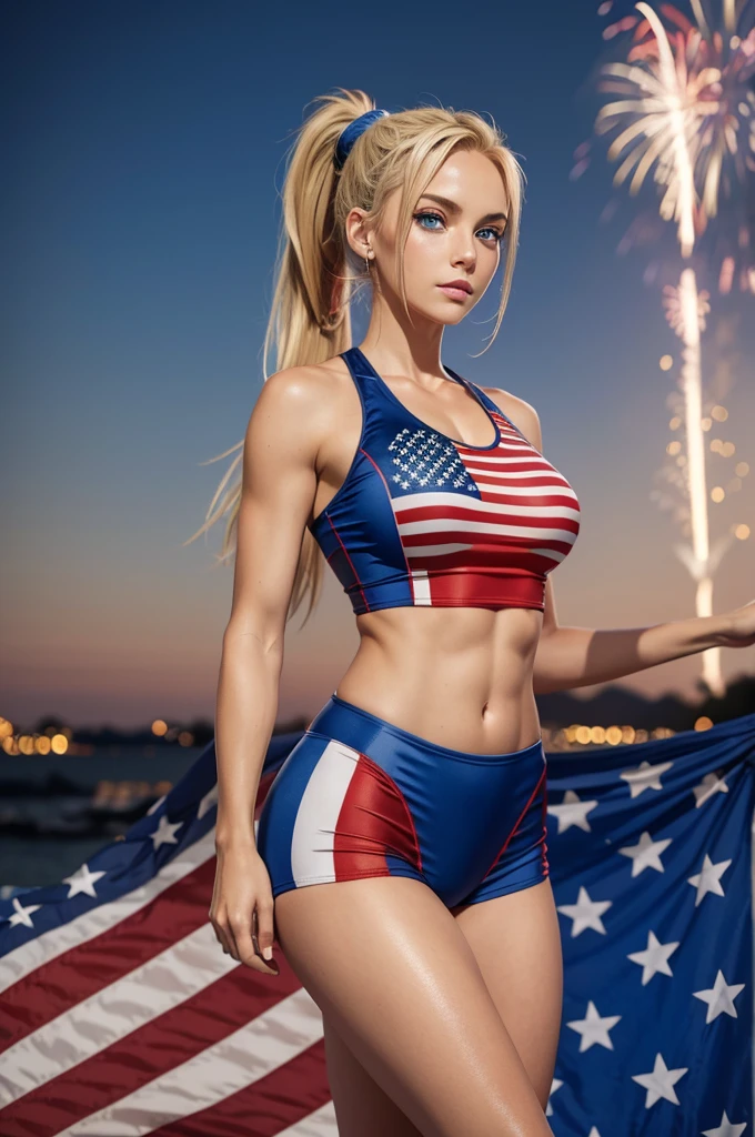 Beautiful American woman, blue eyes, blonde ponytail hair, athletic toned body, wearing modest American flag theme one piece costume watching fireworks, photoshoot