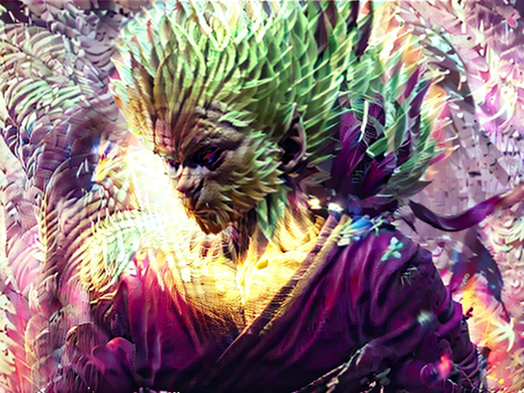(masterpiece, best details), chinese calligraphy themed, mythical creature, sun wukong, wear golden circlet with 2 long feathers longer than the body, wear traditional garb armor, holding staff resting on his shoulder, make background brighter, enhance clouds in background, give it a heavenly and epic feel, monkey king is the centre piece, sun wukong wears armour, sun wukong sitting on clouds, sun wukong has white and grey fur like a snow monkey, sun wukong looks wise, sun wukong is radiant
