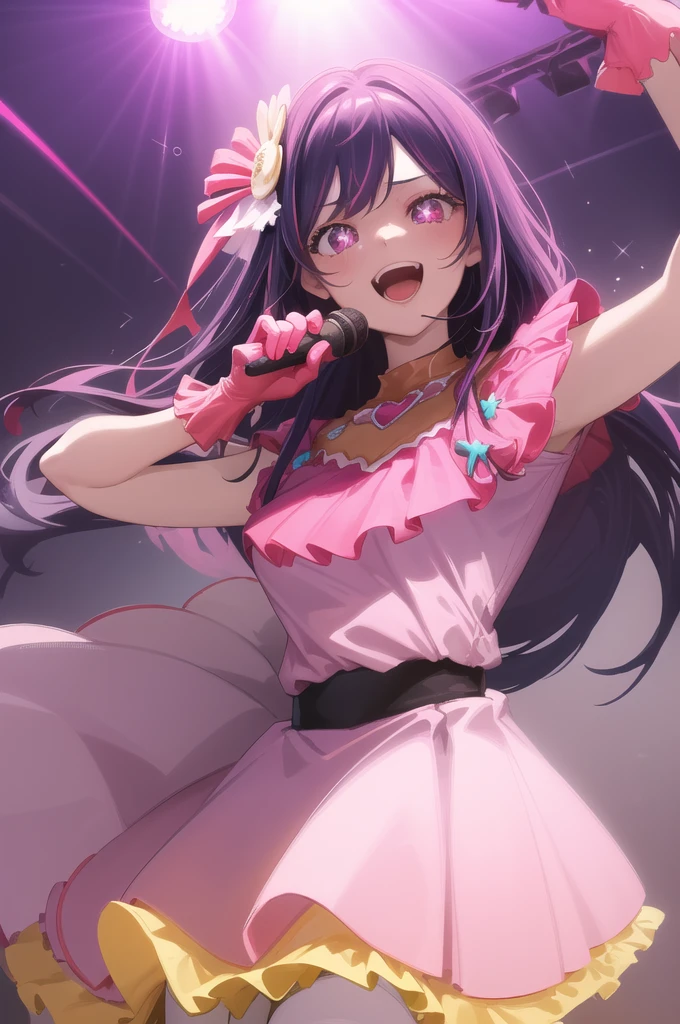 hoshino ai, from below, star dress, singing, :d, happy, open mouth, stage, concert, stage lights, audience, pink dress, yellow collar, pink gloves, pink thigh boots, crowd, light particles, red heart brooch, (holding microphone:0.9),, masterpiece, best quality, highly detailed