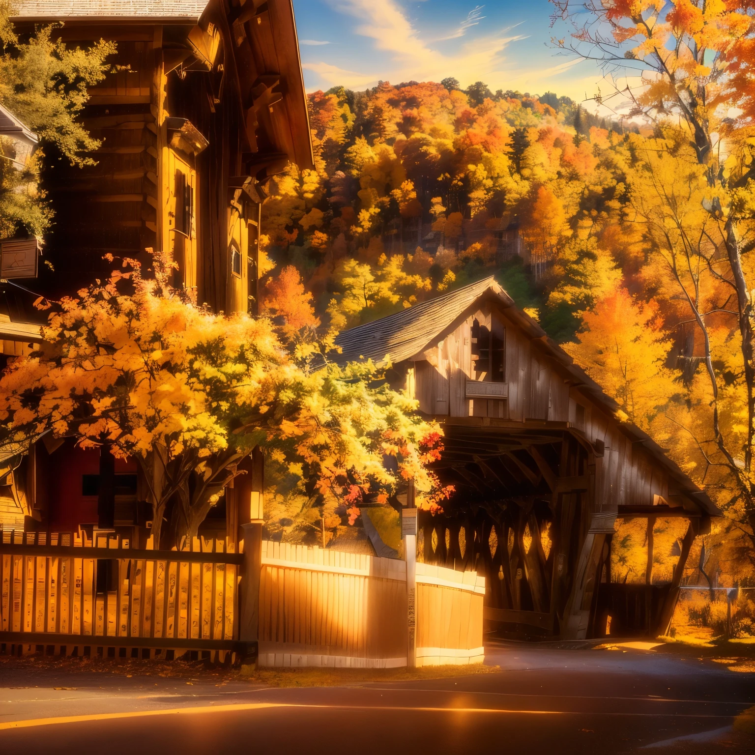 arafed wooden covered bridge over a road in a rural area, vermont fall colors, covered bridge, new england architecture, quaint, beautiful small town, idyllic, rural splendor, glen, 4k -, 4k-, 4 k -, colorful scene, quaint village, a quaint, college, beautiful high resolution, vibrant and vivid, new hampshire