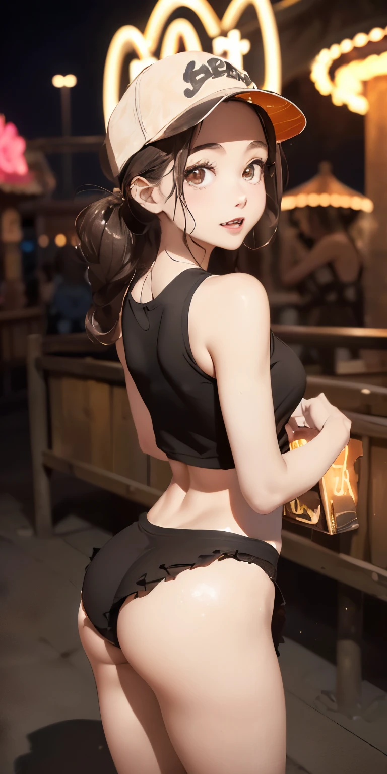 Chignon Hair、Panty exposure、Butt Emphasis、Wearing a brown floral baseball cap, She lifts her miniskirt to show off her panties((Highest quality))Face Real、(1. Glowing Skin.4)Extreme close-up from below(((sexy)))((masterpiece)、(1. Glowing Skin.1.4)Thigh Emphasis、((Amusement park at night、))、(((-yeld gi))&#39;、((Wearing a red tank top))(Wearing a thin, Tight mini skirt、)(Wearing grey panties)Black bob hair、sexy pose、、Breast enlargement、(Various poses)