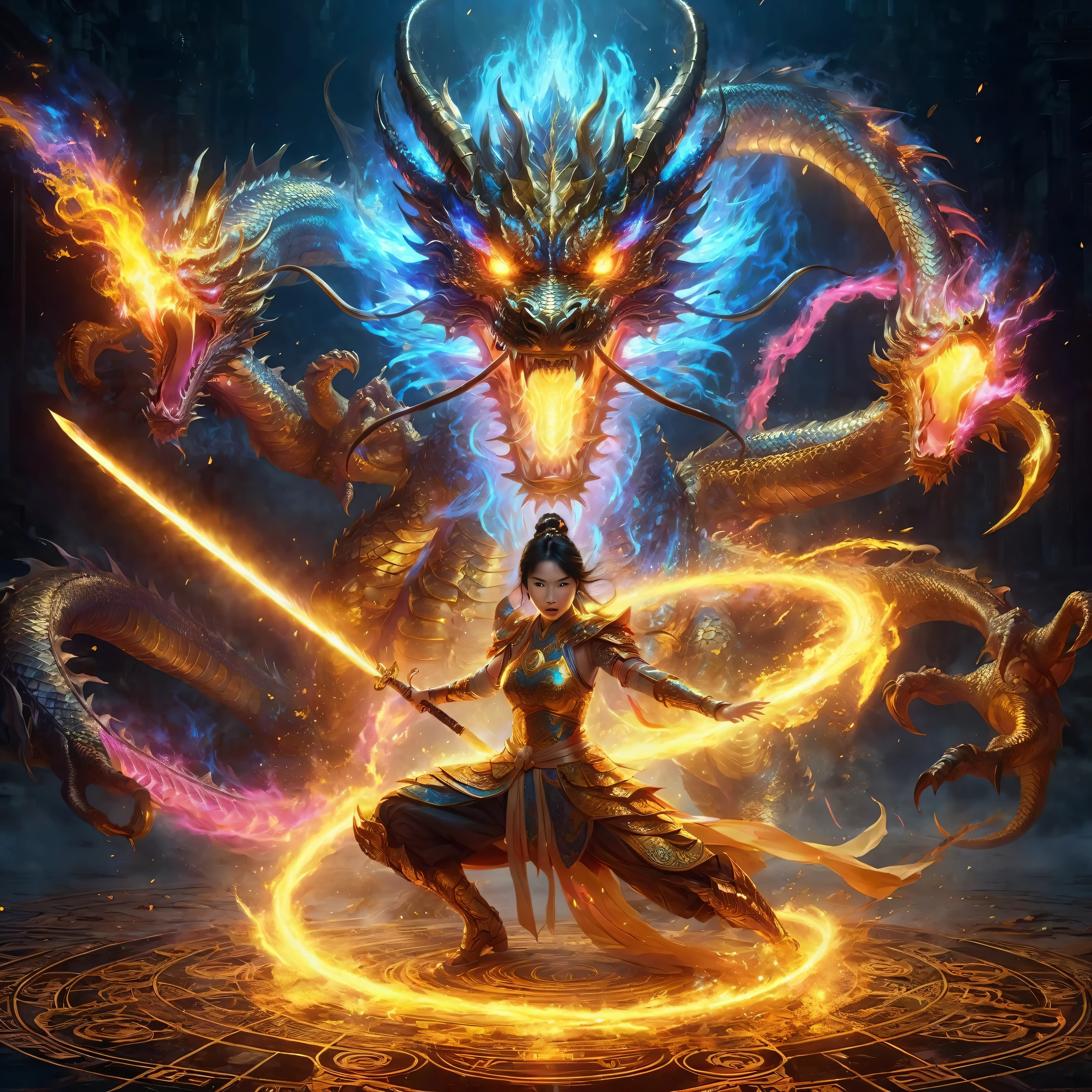 an Asian female warrior in a glowing gold costumes holding a glowing sword and a Giant Ferocious Dragon with a dark aura around her, bursts of gold blue pink fire from the dragon's mouth, bright face light, facing at the camera, fiery light coiled around his body, aggressively twirling with her claws creating gusts of wind and explosions of aura, torn clothes flying in a circle, wearing cybernetic enhancements, her is overing above occult symbols underneath on the ground with