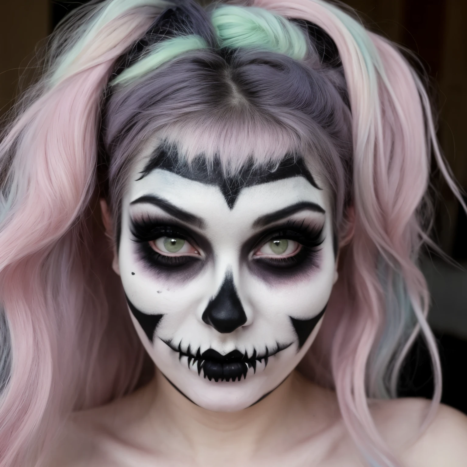 woman, (pastel goth style:1.3), selfie, cute, webcam, face painted white, face painted skull