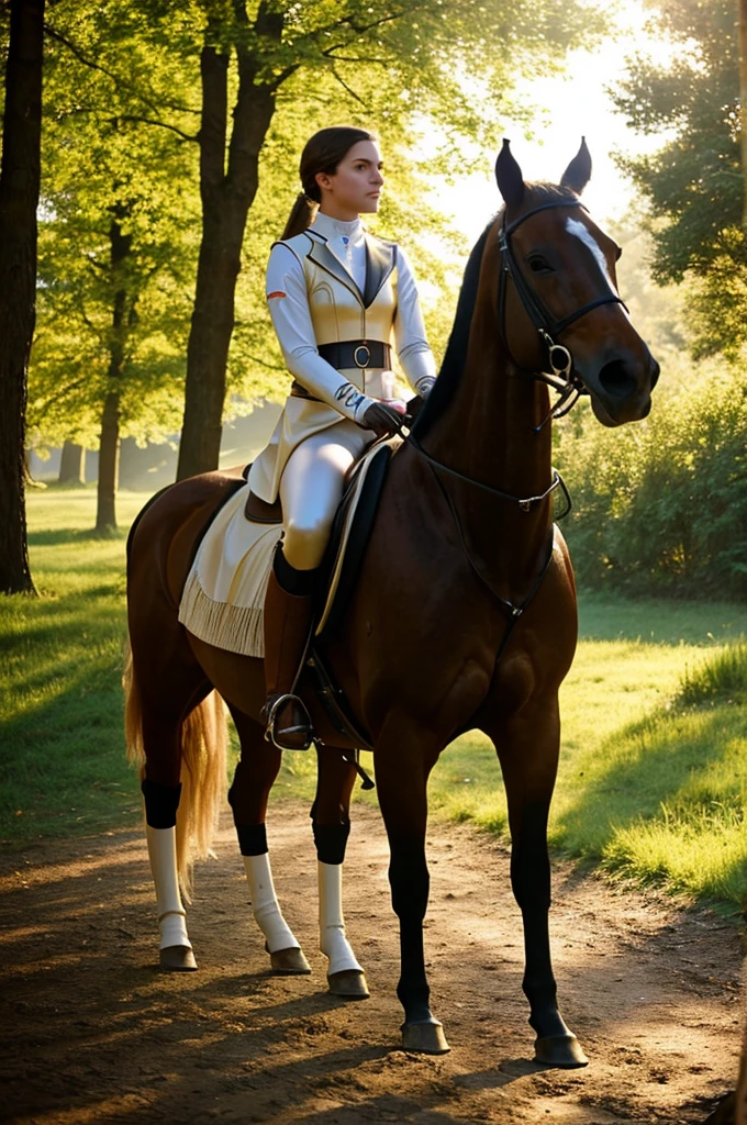 A breathtaking cinematic photo capturing the essence of two young equestrian athletes talking to each other. The first athlete, a slender 20-year-old with light brunette hair, effortlessly rides her horse, her latex outfit shimmering in the sunlight. The second athlete, a fit 20-year-old blonde, follows closely next to the brunette, dressed similarly and riding her horse with equal grace. The wooded path is bathed in dappled sunlight and sunbeams, creating a magical and inspiring atmosphere., cinematic, photo