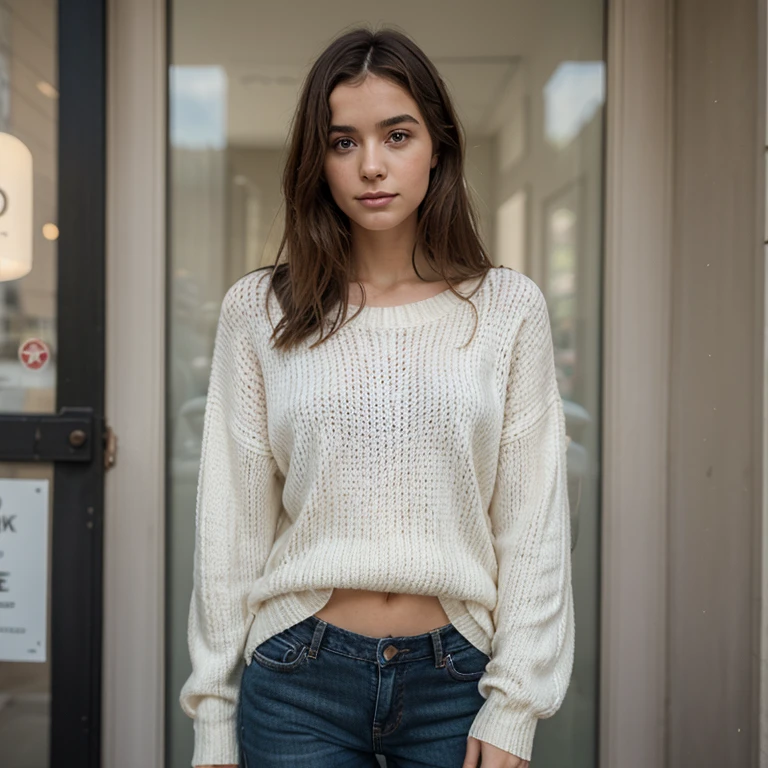 haute résolution、Éléonore Pavinato, 23 ans, Portrait plus jeune, longs cheveux noirs, Peau réaliste, belle peau affinée, texture de peau réelle, , dans une tenue de pull tendance, chaude et mignonne, jean blanc, fond de foule dynamique, photo d'action, photo de tout le corps, angle hollandais