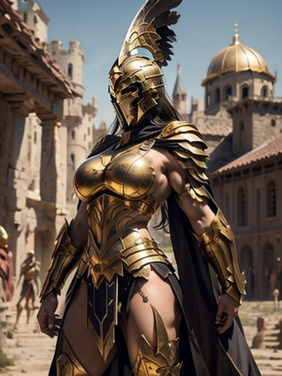 beautiful warrior woman in golden greek armor, Jet black hair, hoplite helmet, muscular, huge naked breasts, I look at the viewer, foreground, model photo poses, work of art, best qualityer, 8K, nblurry background, medieval fantasy castle in the background