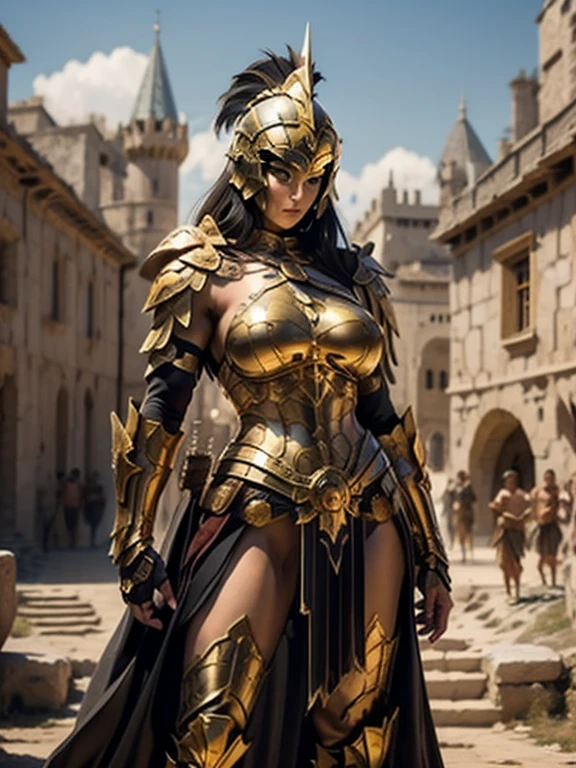 beautiful warrior woman in golden greek armor, Jet black hair, hoplite helmet, muscular, huge naked breasts, I look at the viewer, foreground, model photo poses, work of art, best qualityer, 8K, nblurry background, medieval fantasy castle in the background