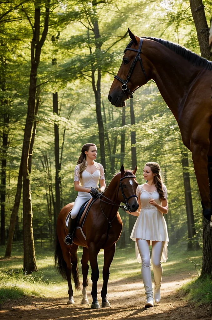 A breathtaking cinematic photo capturing the essence of two young equestrian athletes talking to each other. The first athlete, a slender 20-year-old with light brunette hair, effortlessly rides her horse, her latex outfit shimmering in the sunlight. The second athlete, a fit 20-year-old blonde, follows closely next to the brunette, dressed similarly and riding her horse with equal grace. The wooded path is bathed in dappled sunlight and sunbeams, creating a magical and inspiring atmosphere., cinematic, photo