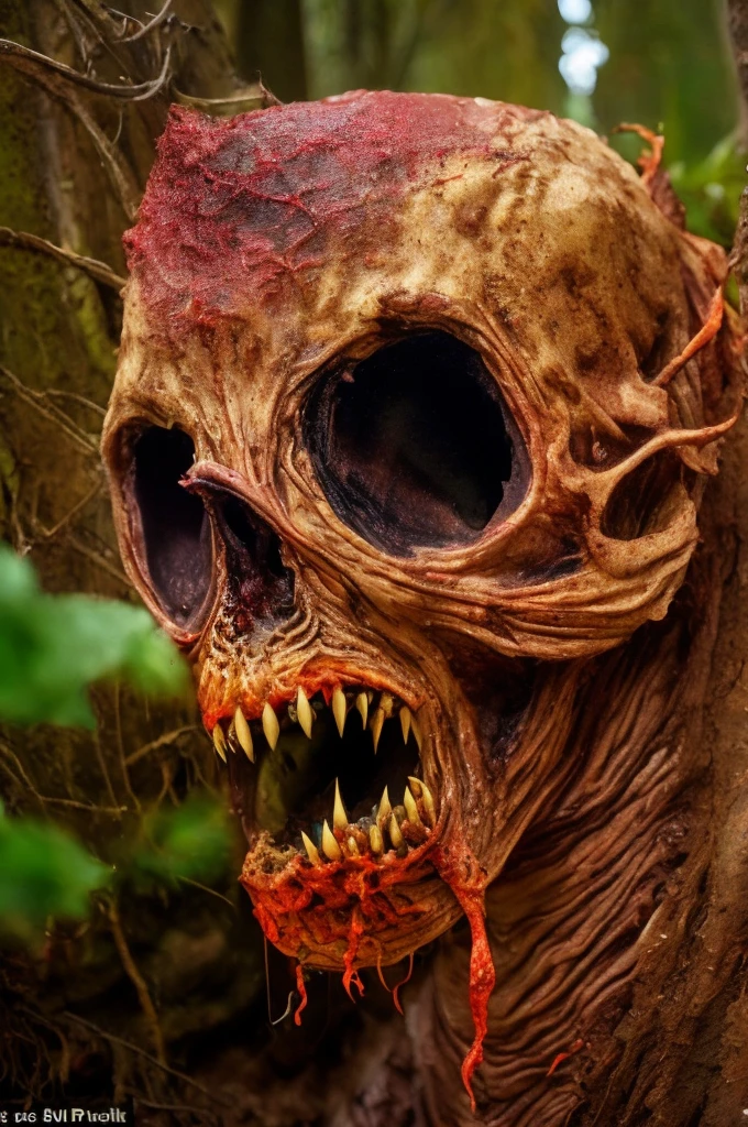 It is a creature that is a grotesque amalgamation of human, slug and dragon. Its form is a twisted mockery of species, with human-like skin stretched taut over a dragon-like skeletal frame. Massive tears and rents mar its visage, exposing raw tissue, sinew, and bone beneath, as if the skin were forcibly pulled over the dragon's frame until it could stretch no more, but was still stretched even further. The creature's body is covered with a slimy, gelatinous texture. It's grotesque snout is lined with jagged stitches, fitted only with dagger-like fangs that are a sickly color. Massive, oozing flaps mar its visage, secreting a thick, viscous mucus coating its jagged fangs. Its snout is elongated and slimy, with layers of wrinkled flesh resembling the folds of a slug's mantle. Its eyes are nestled within deep sockets, each iris is a sickly mix of murky brown and fiery orange, punctuated by prominent slit pupils that seem to pulse. It's wing's are made of membranes of skin stretched to their limit, with edges fringed by bloody bones protruding from the torn skin. Veins course like rivers beneath the translucent skin, pulsating with an eerie vitality. Its hind legs, broken and healed in a cruel mockery of nature, are digitigrade in form, with claws piercing through stretched skin, a cruel reminder of the agony it endures. The elongated neck is adorned with frills resembling gashes from a savage blade, the skin stretched painfully tight over each sinew and tendon. Horns jut from its skull, torn from the very flesh that struggles to contain them, their surface resembling bone marrow exposed to the elements. From the lower back of the creature, extends a tail that resembles the elongated body of a giant slug. The tail undulates with a sickening rhythm, its slimy surface glistening with a viscous mucus that drips in slimy rivulets, leaving a trail of glistening slime in its wake. Amidst the jagged stitches and oozing flaps, there are subtle hints of feminine curvature, sugge