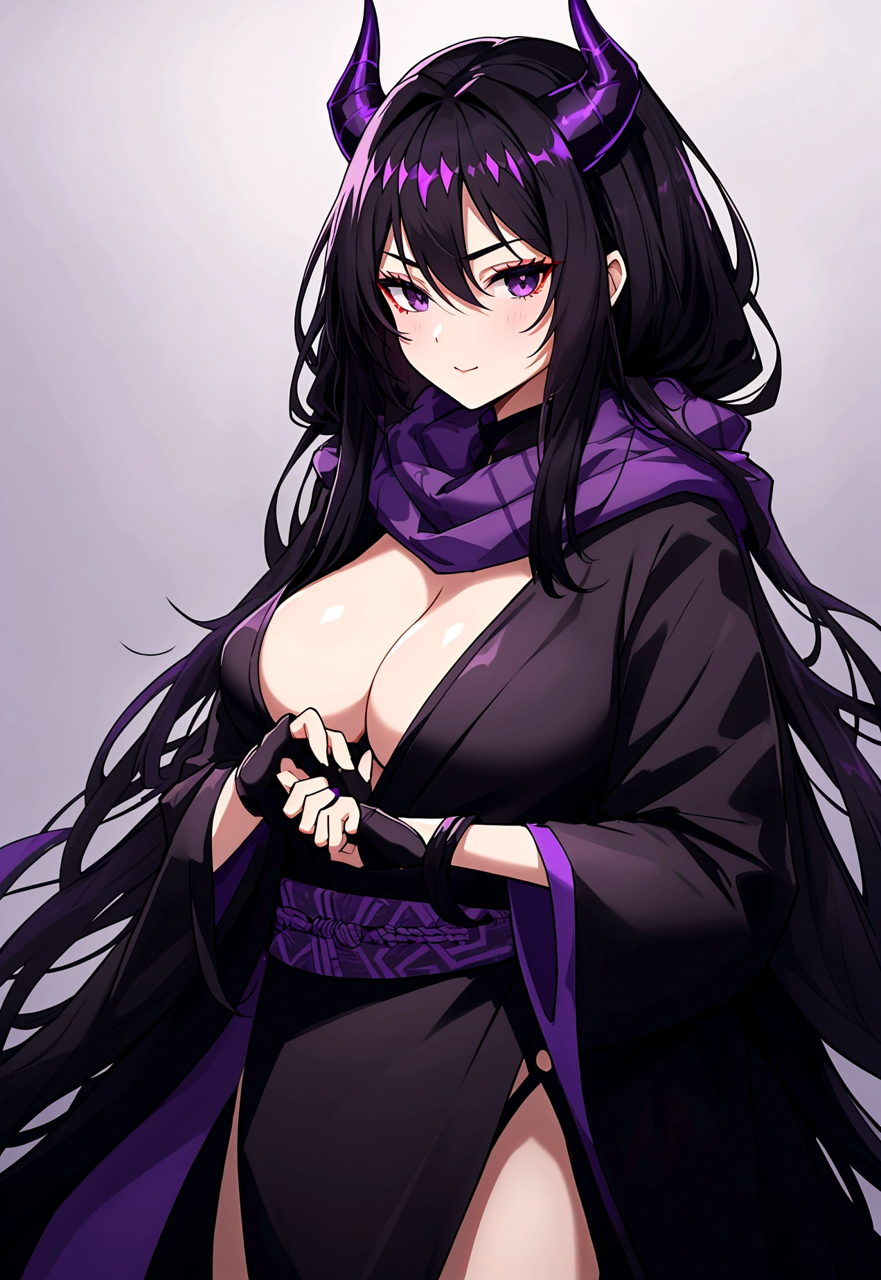 Big breats Long black hair black eyes girl wearing chinese dark purple ninja cloth and black fur coat black fur scarf. Purple demon horns chest skin visible