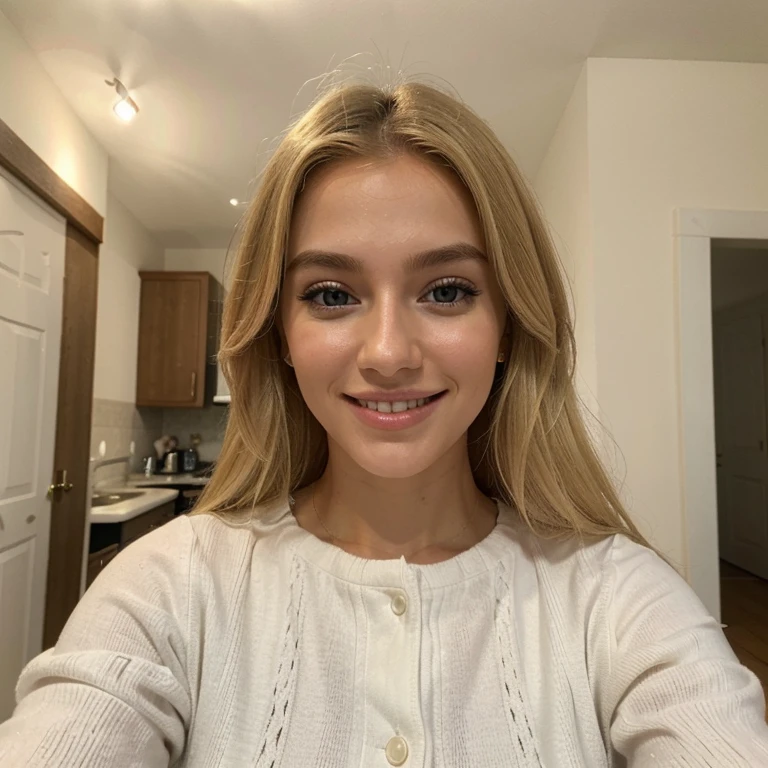 make a blonde woman, with European features, with normal clothes, in your home. perspective is a selfie for instagram, do it with a beautiful smile
