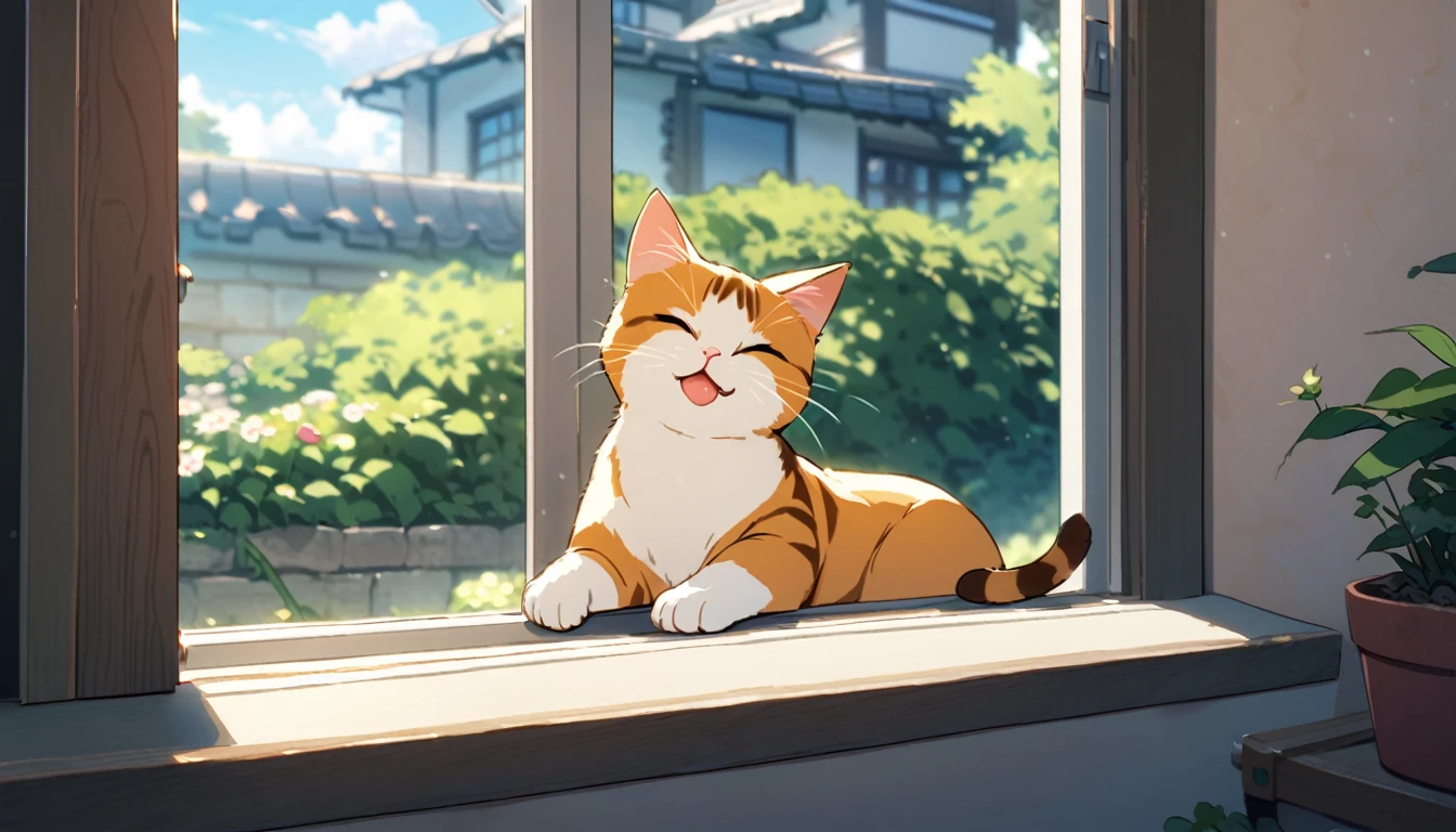 Raising a lazy cat sleeping on a windowsill near the garden on a sunny day