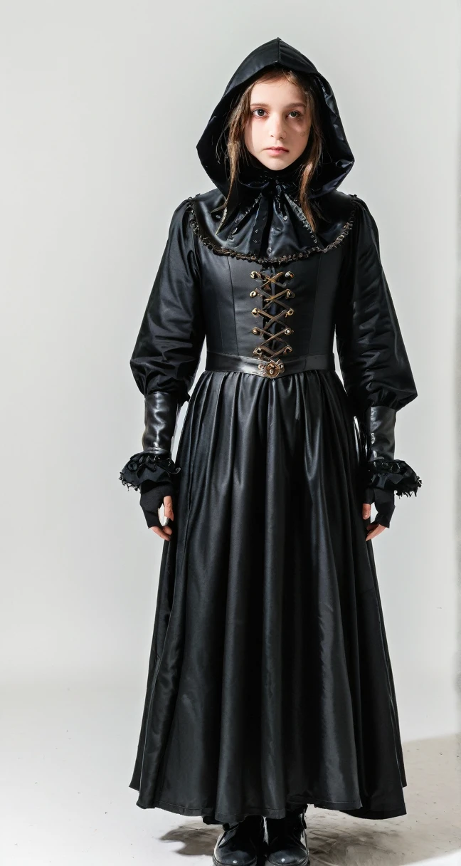 Girl in black plague costume, whole body, on a white background