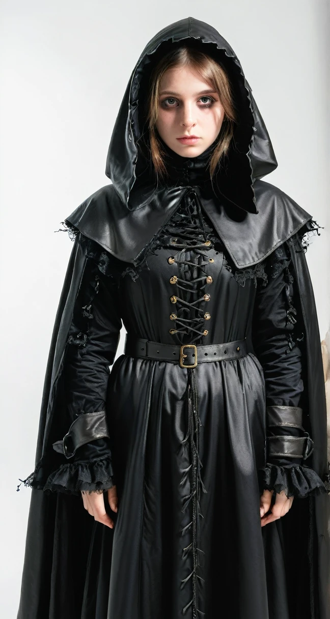 Girl in black plague costume, whole body, on a white background 