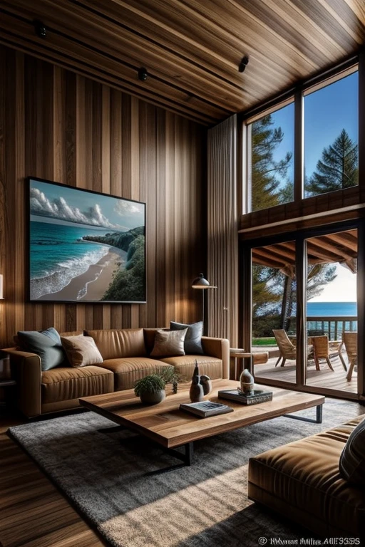 Inside the meticulously crafted hyper-realistic beachside chalet, the wall space is adorned with an exquisite collection of artwork that perfectly captures the essence of coastal life. The entire interior is illuminated by the soft glow of natural light filtering through the large windows, casting delicate shadows across the polished mahogany wood bar. From this vantage point, the entire space is on display, inviting the viewer to journey through the chalet's open-concept living area, complete with plush furniture and a mesmerizing ocean view. The photographic realism of the scene is truly captivating, with every detail, from the crisp folds in the