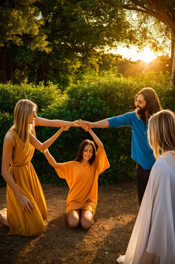 A captivating image in ultra-realistic 4K 
Setting: A serene and welcoming environment, like a green hill at sunset, with an atmosphere of peace and tranquility.
Main elements:
Figure of Jesus: Jesus standing or sitting in the center of the image, with a kind and compassionate expression. He should be dressed in simple, light clothing, radiating a soft, welcoming light.
Anxious people: Various human figures of different ages, ethnicities and genders, approaching Jesus with expressions of concern and anxiety. Some people may be kneeling, others reaching out to Him, symbolizing the act of releasing their anxieties.
Act of throwing: Visual representations of anxieties being thrown at Jesus. This can be symbolized by small lights or glowing spheres coming out of people and heading towards Jesus, where they dissolve into light.
Additional Details:
Light: A soft, golden glow emanates from Jesus, gently illuminating the faces and hands of those around him. The light should convey a feeling of comfort and relief.
Nature: Leafy trees and colorful flowers all around, a golden sky with orange clouds from the sunset, and a peaceful river running in the background, symbolizing peace and renewal.
Atmosphere: The image should convey a sense of relief, peace and divine care, with a soft, warm color palette, suggesting that anxiety is being replaced by the care and love of Jesus, 3D rendering, photography, cinematic.